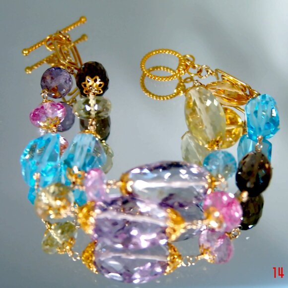 Multi Micro Faceted Big Gemstones Double Strand Bracelet Vermeil Sterling Silver - Picture 1 of 4